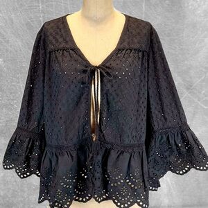 Black eyelet lace bell sleeve frilly ruffle top cardigan tie closure 100% cotton